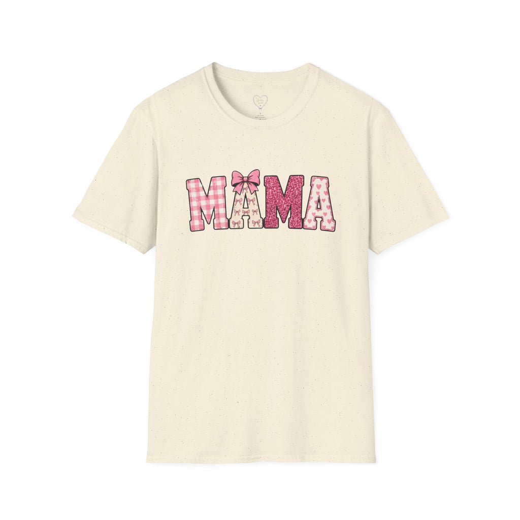 Mama Graphic T-Shirt — Pink Plaid & Floral Patchwork Design