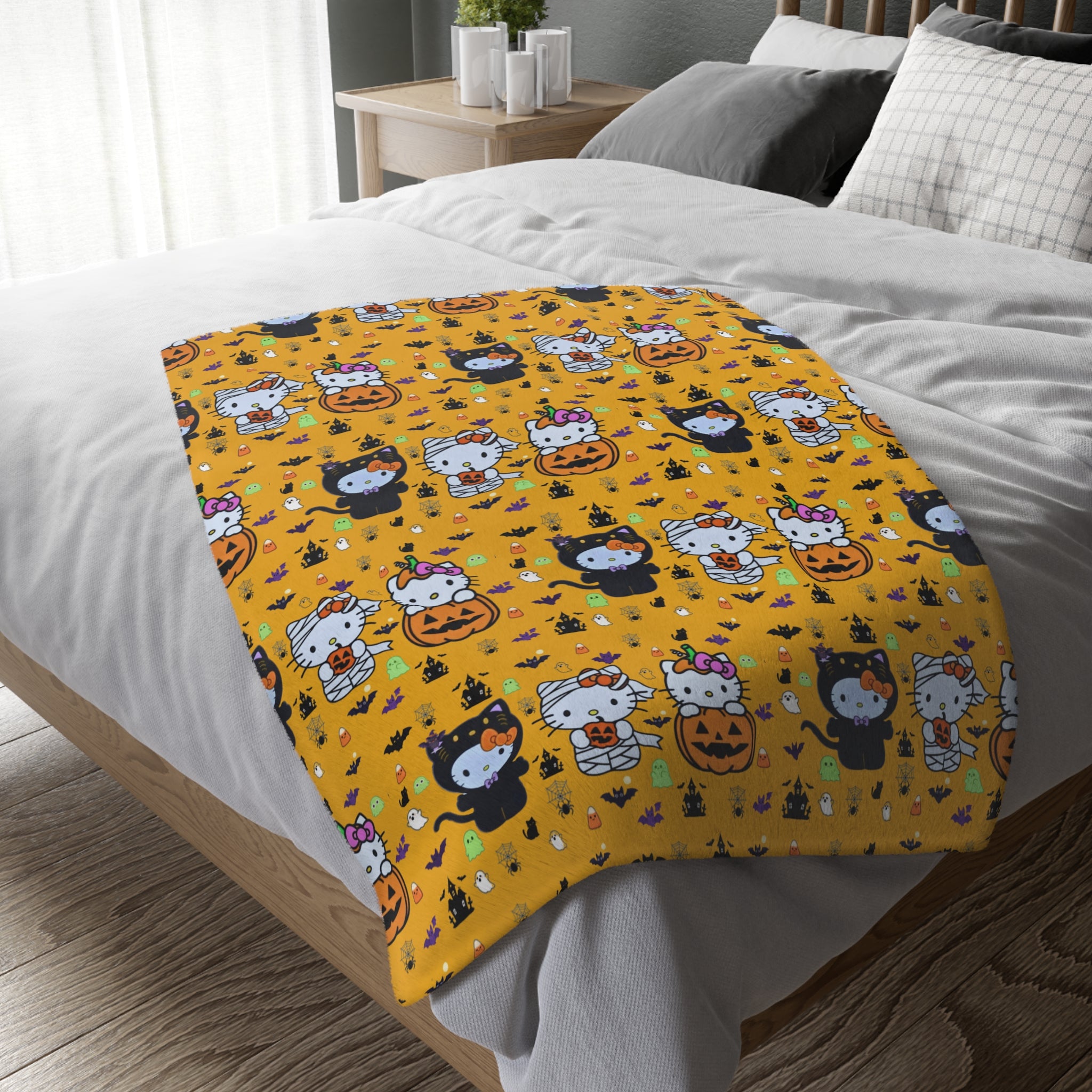 Halloween Cat & Pumpkin Velveteen Microfiber Blanket — Cute Kawaii Fall Throw