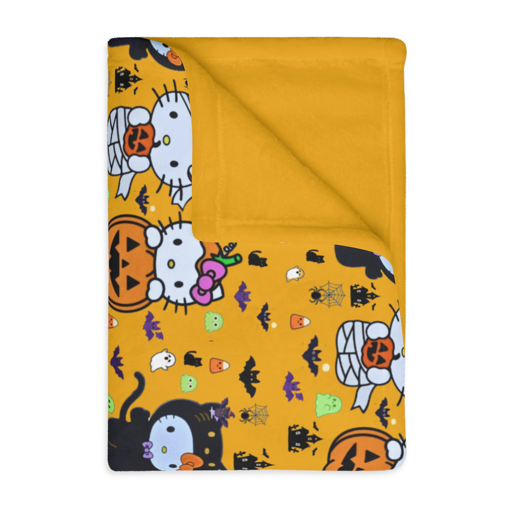 Halloween Cat & Pumpkin Velveteen Microfiber Blanket — Cute Kawaii Fall Throw