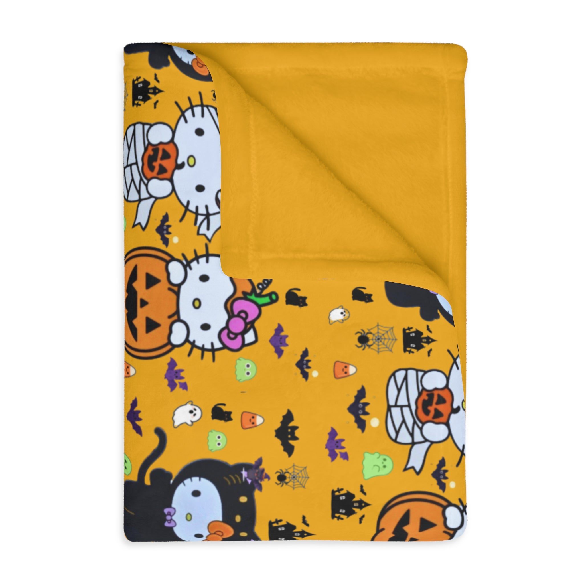 Halloween Cat & Pumpkin Velveteen Microfiber Blanket — Cute Kawaii Fall Throw