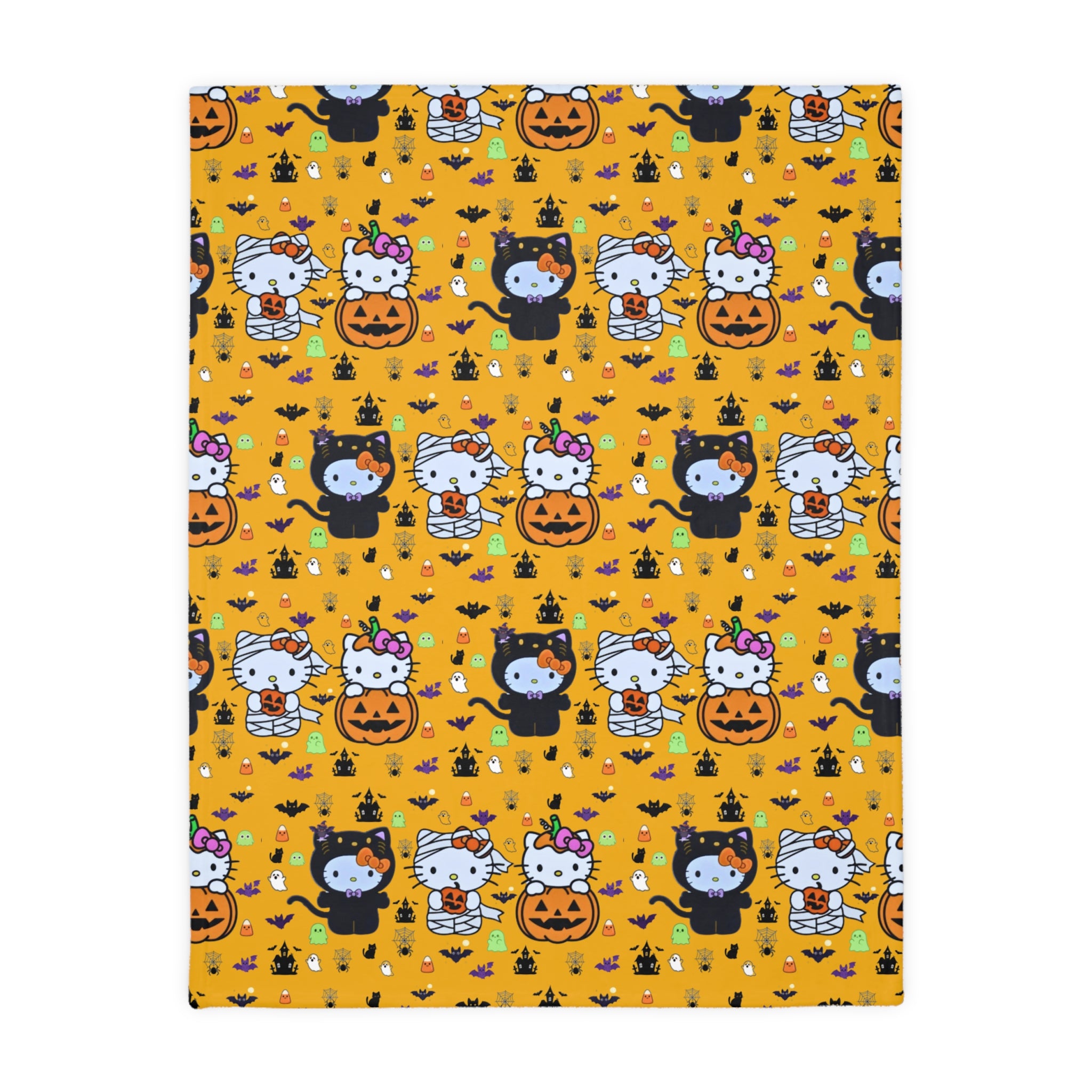 Halloween Cat & Pumpkin Velveteen Microfiber Blanket — Cute Kawaii Fall Throw