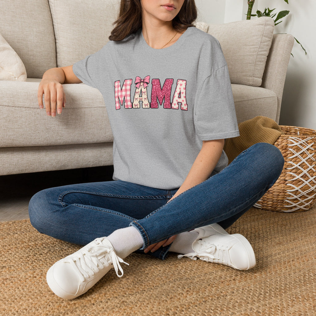 Mama Graphic T-Shirt — Pink Plaid & Floral Patchwork Design