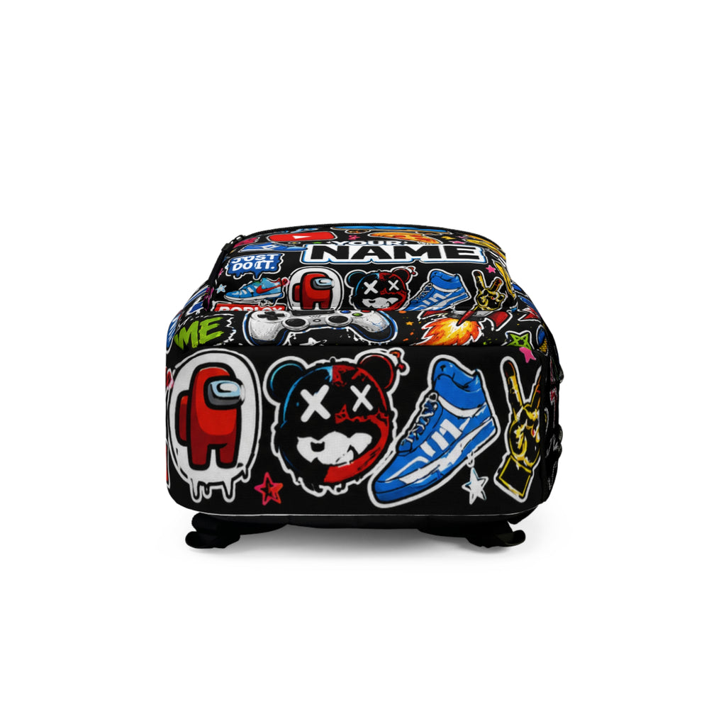 Personalized Kids Sticker Print Backpack — Custom Name Sports & Gaming Design