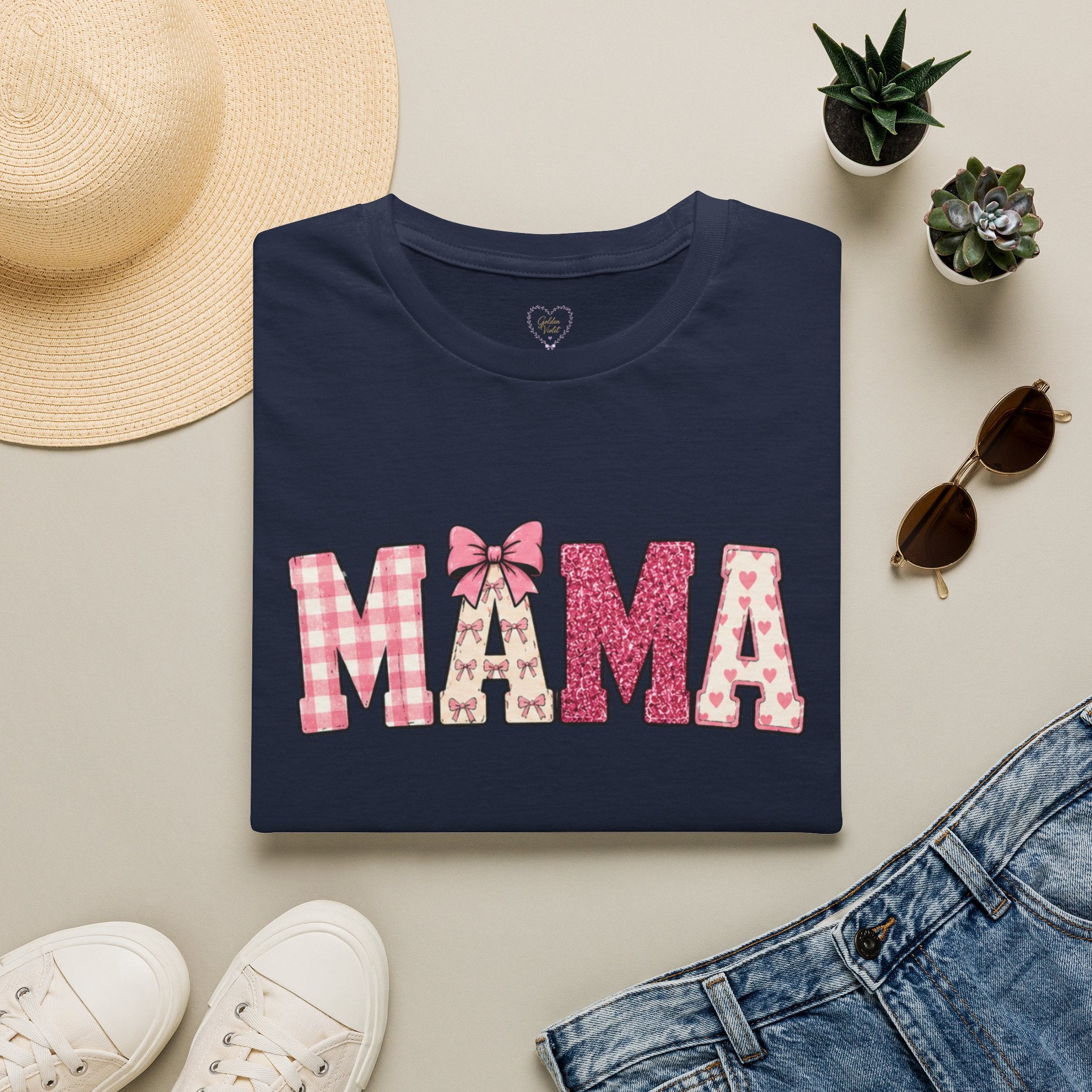 Mama Graphic T-Shirt — Pink Plaid & Floral Patchwork Design