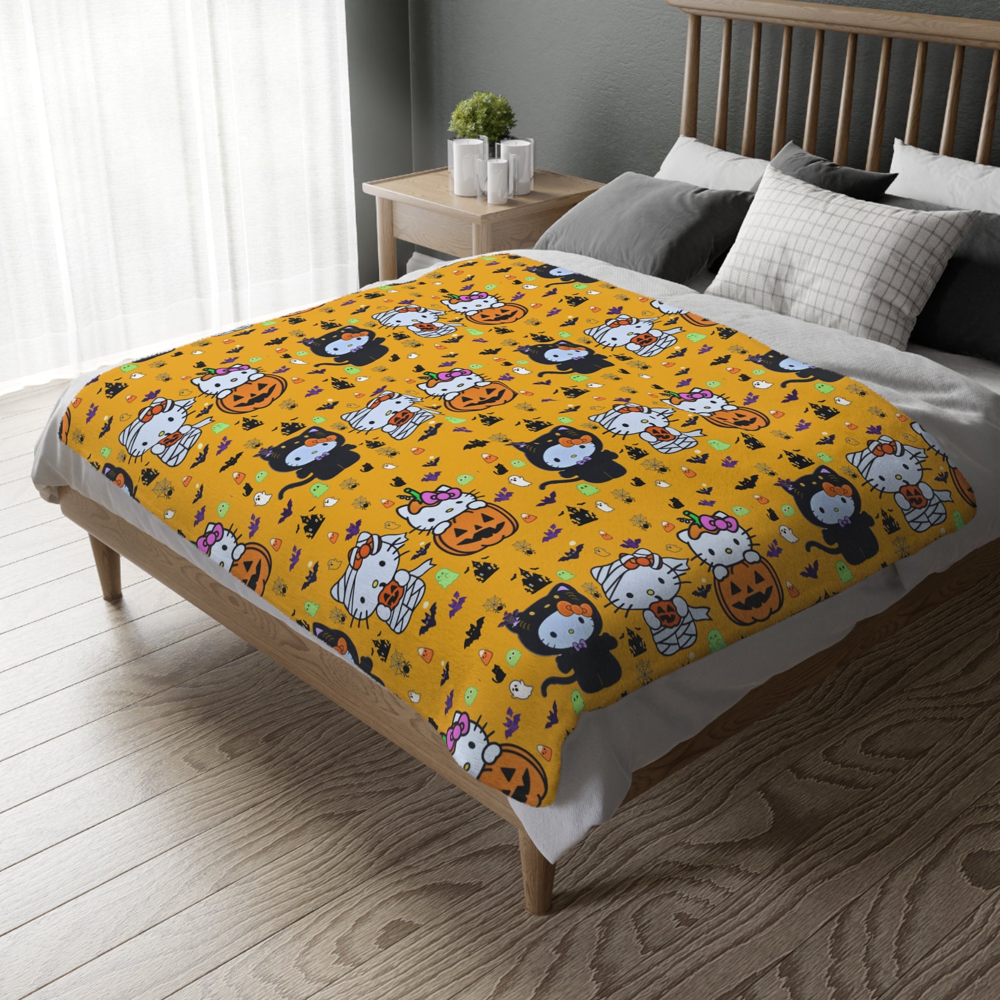 Halloween Cat & Pumpkin Velveteen Microfiber Blanket — Cute Kawaii Fall Throw