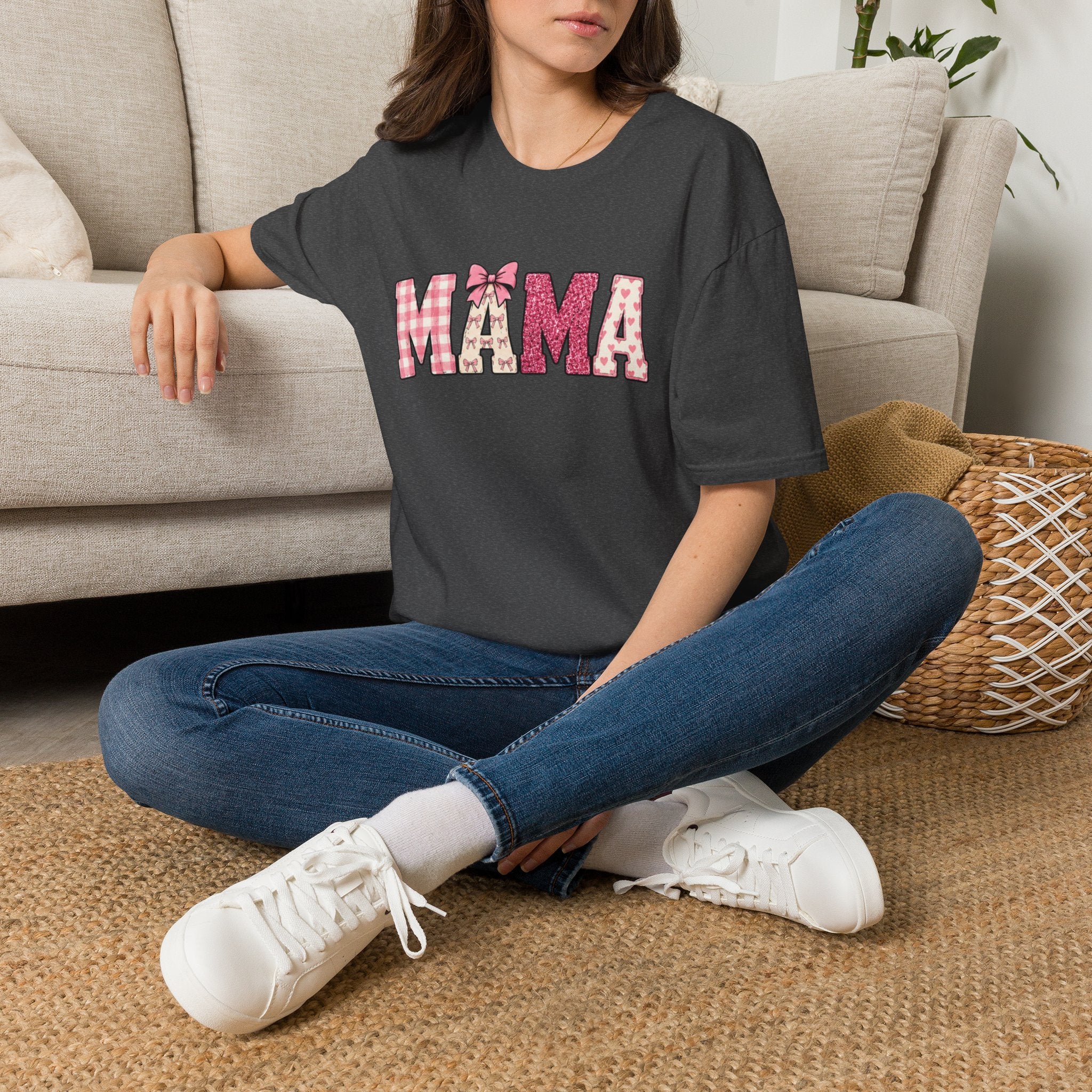 Mama Graphic T-Shirt — Pink Plaid & Floral Patchwork Design