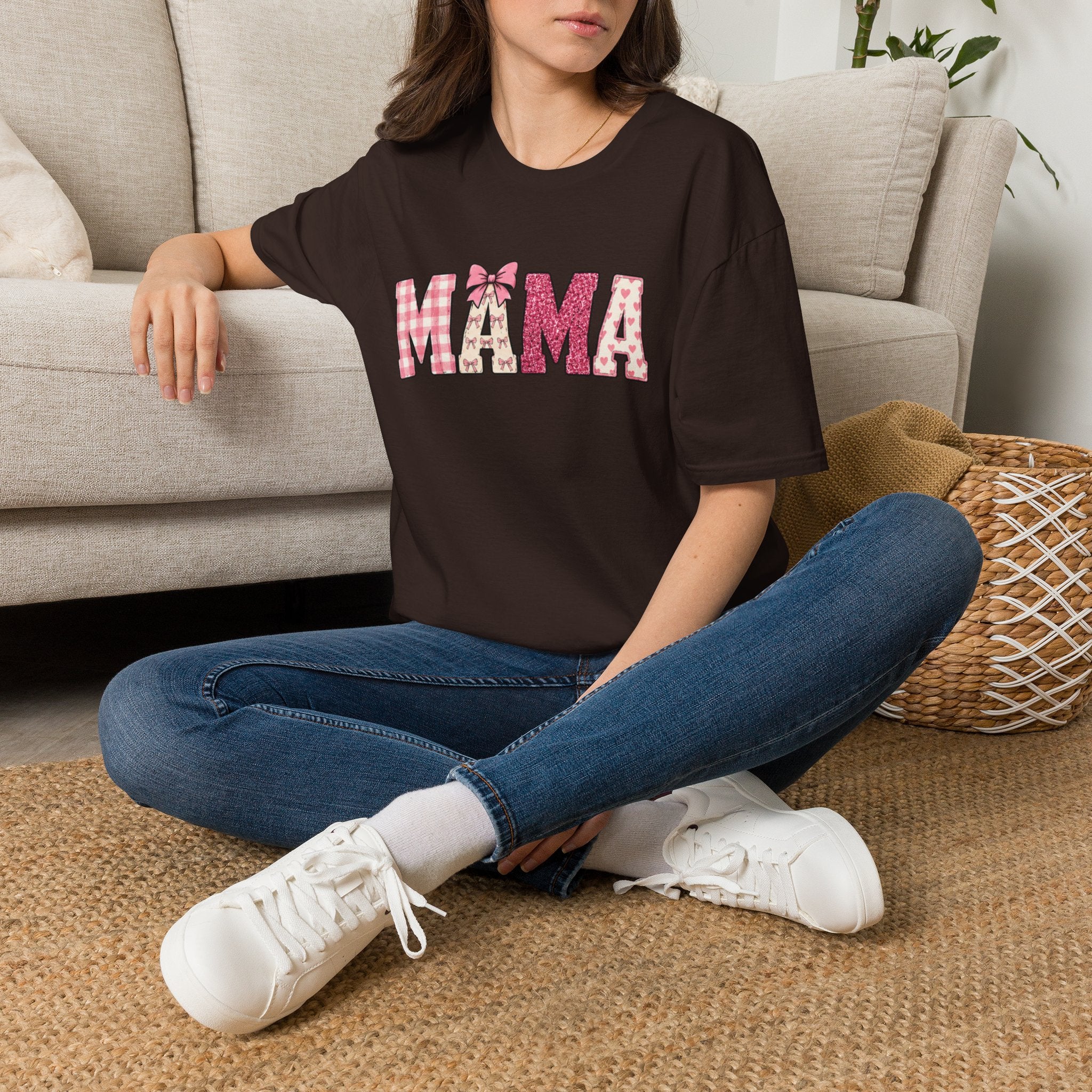 Mama Graphic T-Shirt — Pink Plaid & Floral Patchwork Design