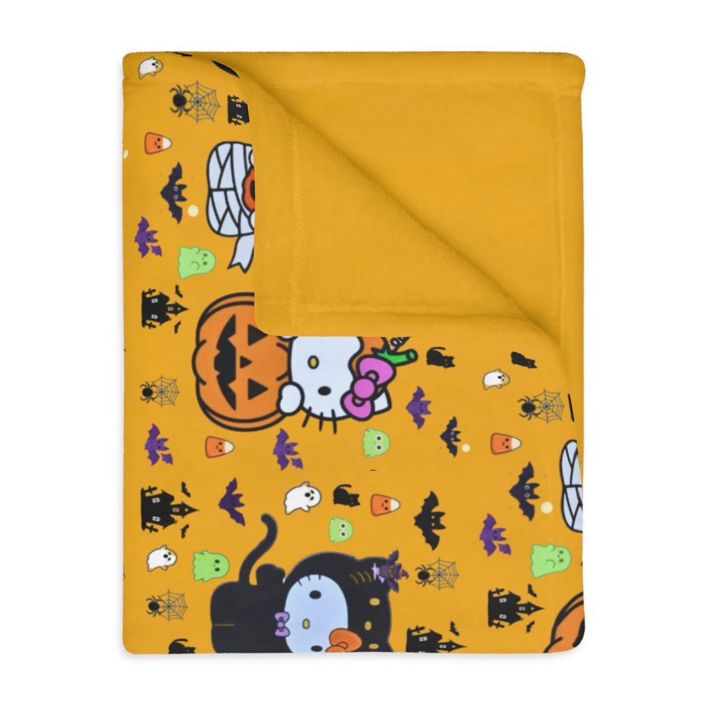 Halloween Cat & Pumpkin Velveteen Microfiber Blanket — Cute Kawaii Fall Throw