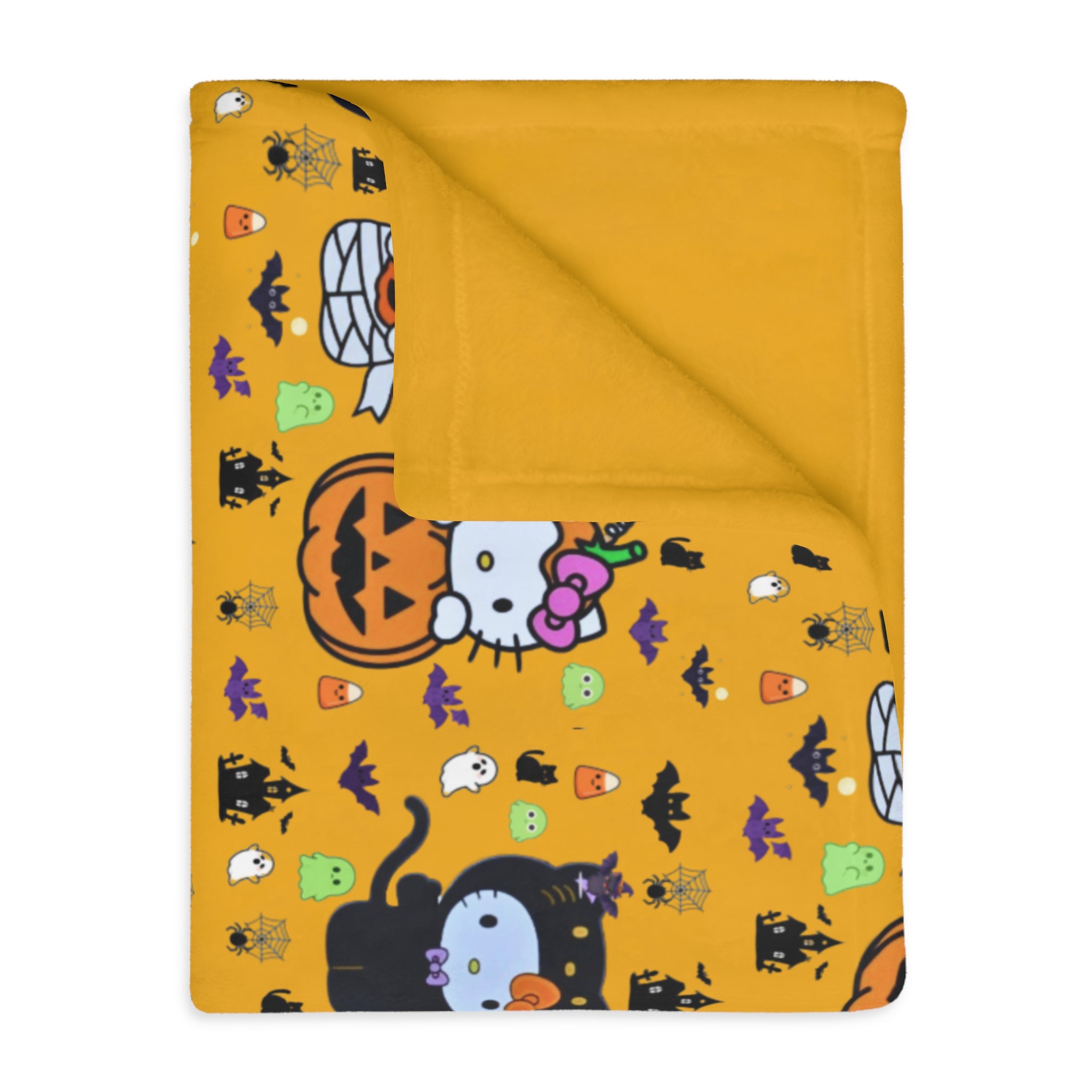 Halloween Cat & Pumpkin Velveteen Microfiber Blanket — Cute Kawaii Fall Throw