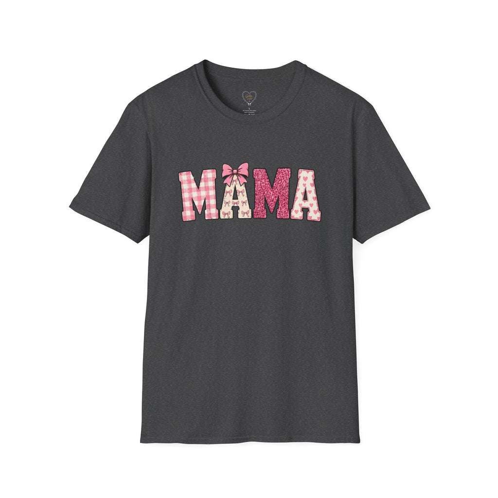Mama Graphic T-Shirt — Pink Plaid & Floral Patchwork Design