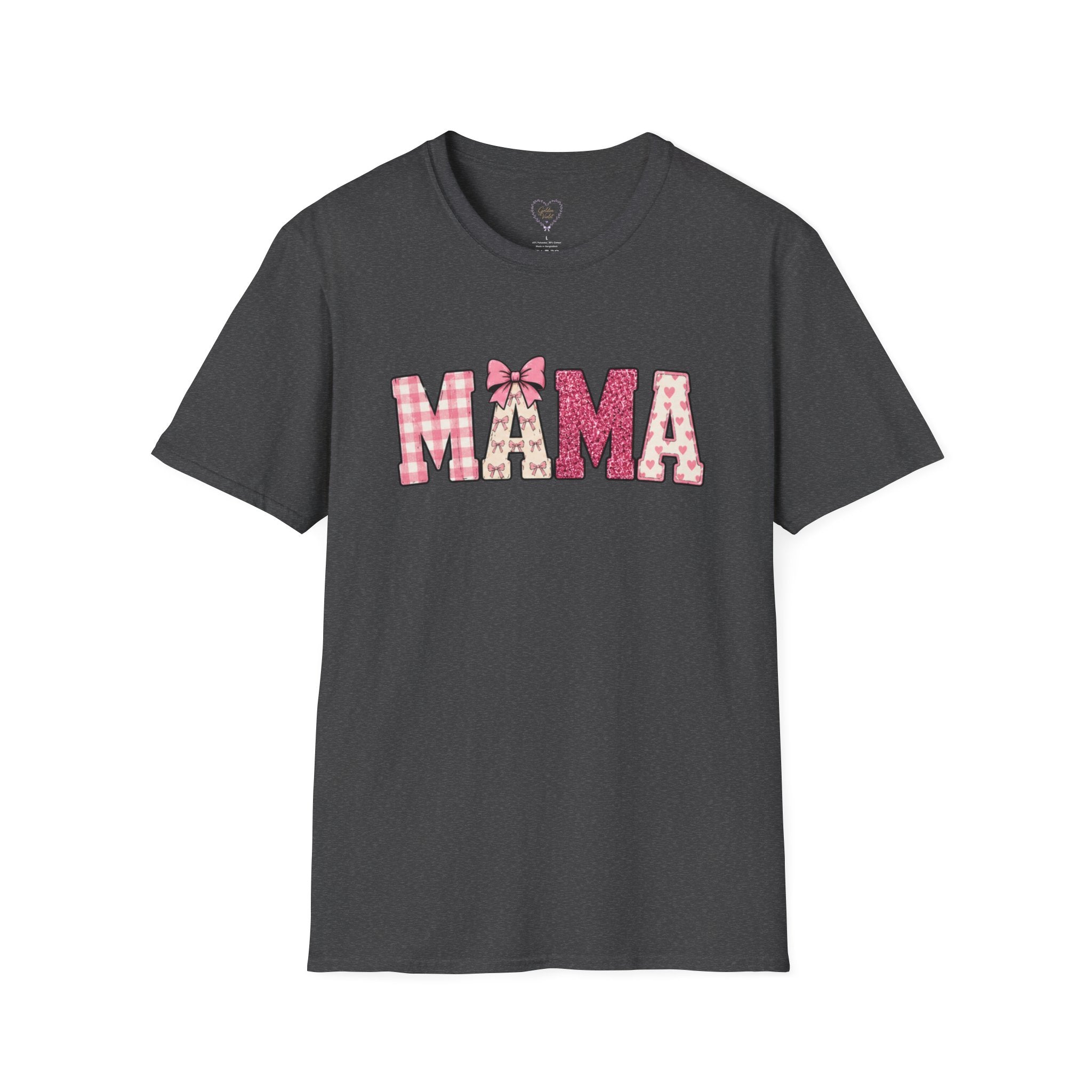 Mama Graphic T-Shirt — Pink Plaid & Floral Patchwork Design