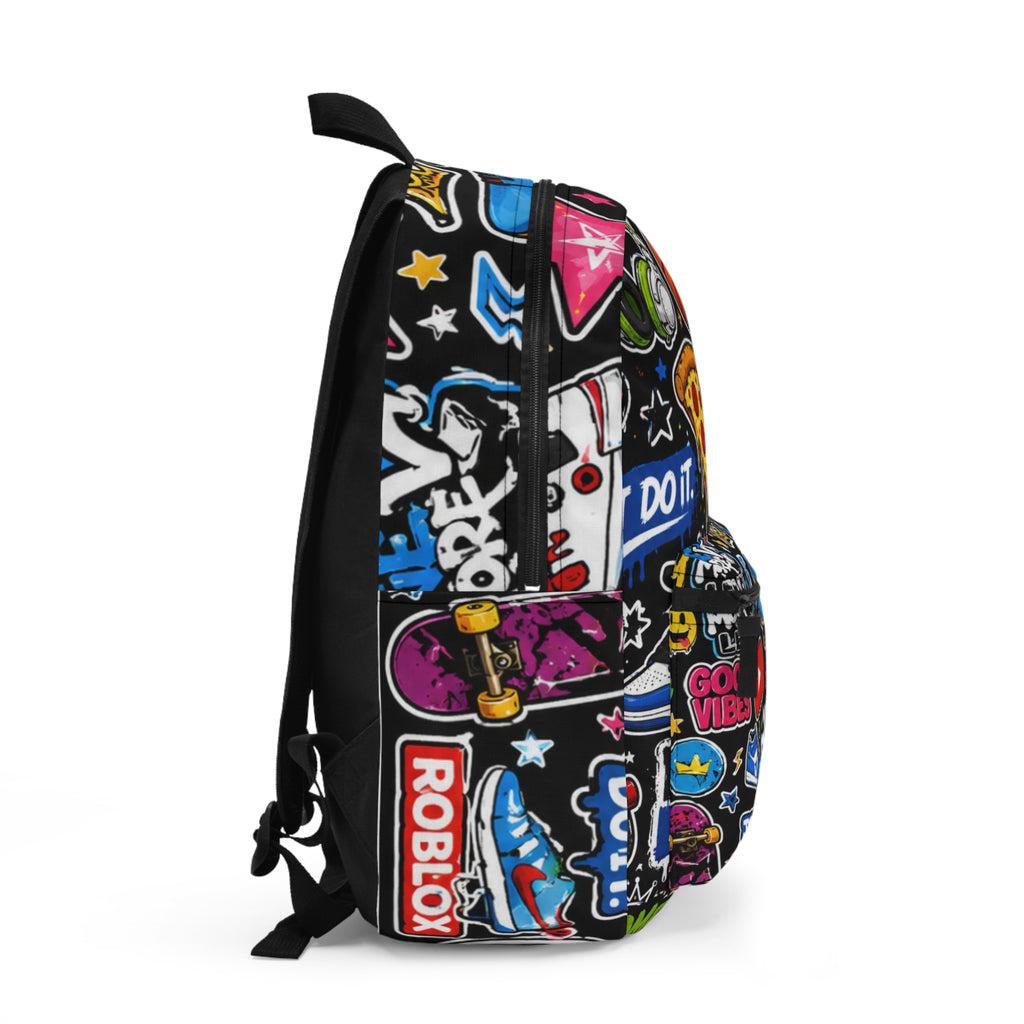 Personalized Kids Sticker Print Backpack — Custom Name Sports & Gaming Design