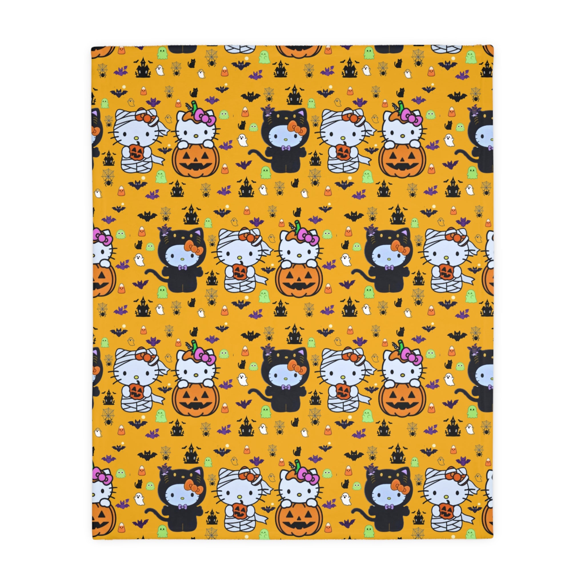 Halloween Cat & Pumpkin Velveteen Microfiber Blanket — Cute Kawaii Fall Throw