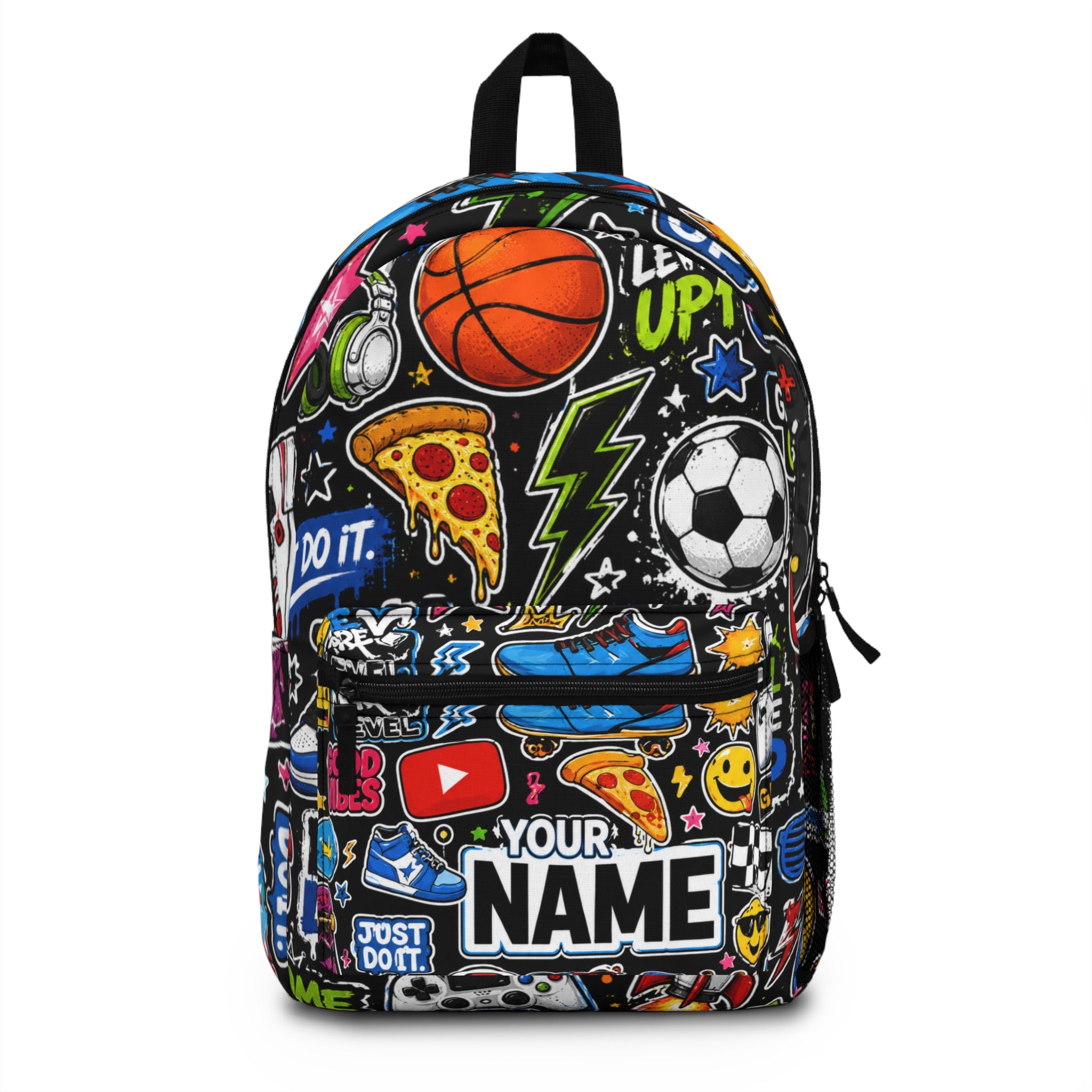 Personalized Kids Sticker Print Backpack — Custom Name Sports & Gaming Design