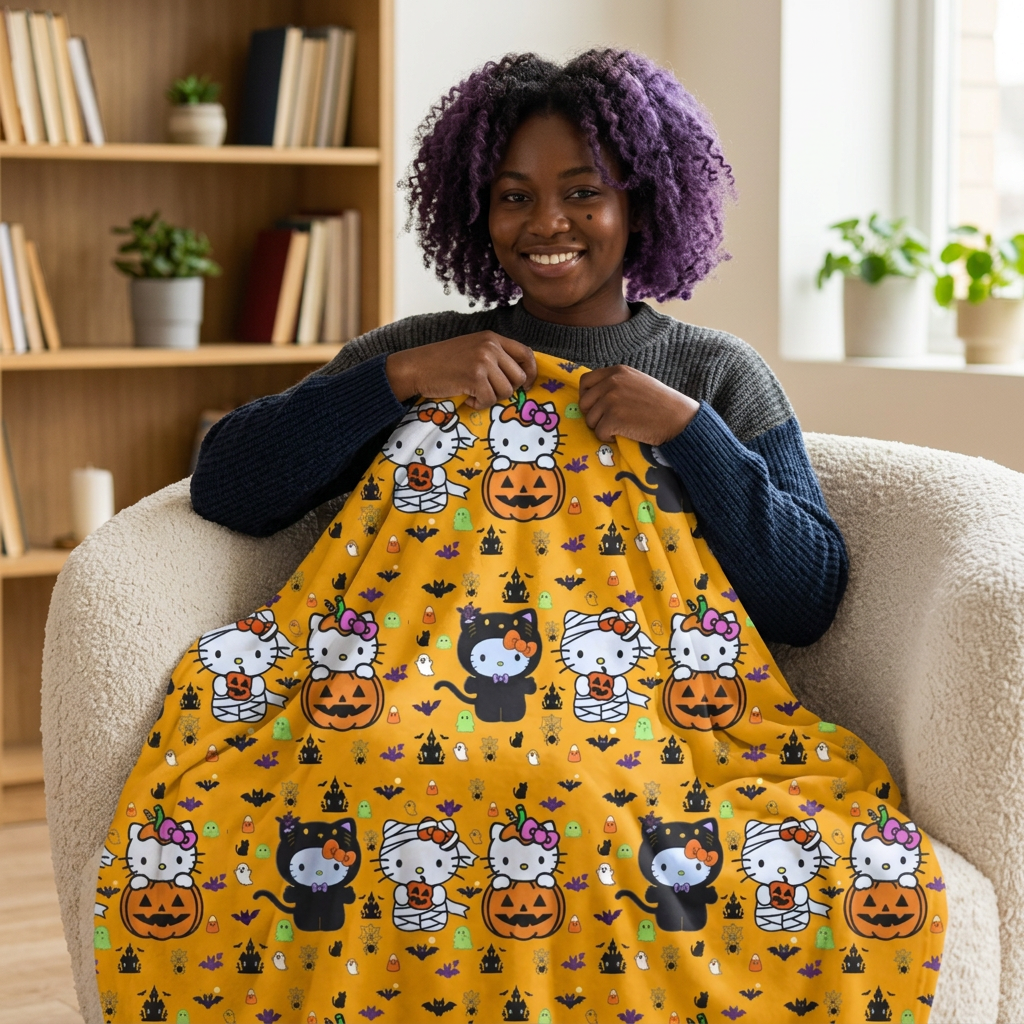 Halloween Cat & Pumpkin Velveteen Microfiber Blanket — Cute Kawaii Fall Throw