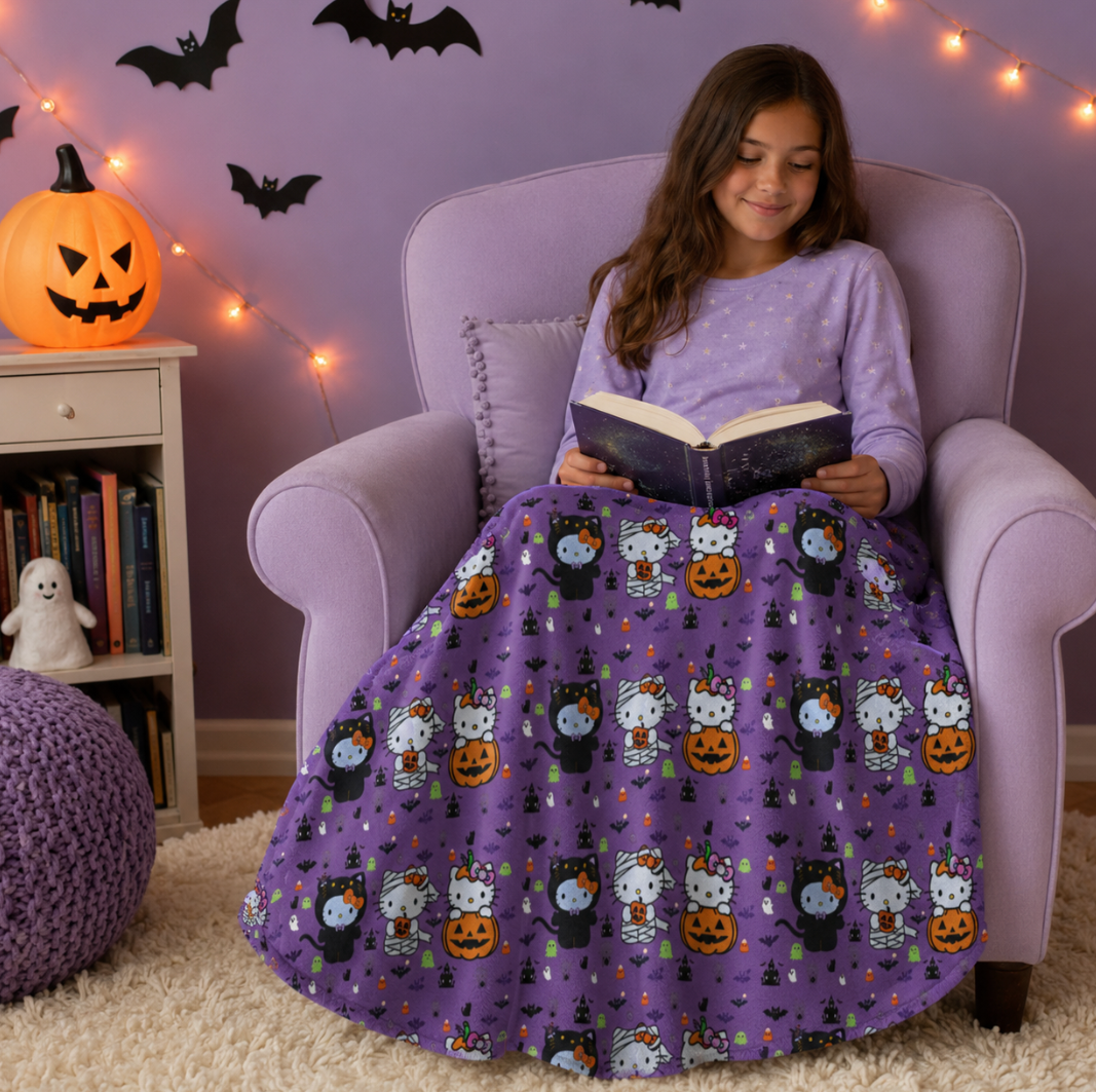 Cute Halloween Cat & Pumpkin Microfiber Blanket – Purple Two-Sided Throw