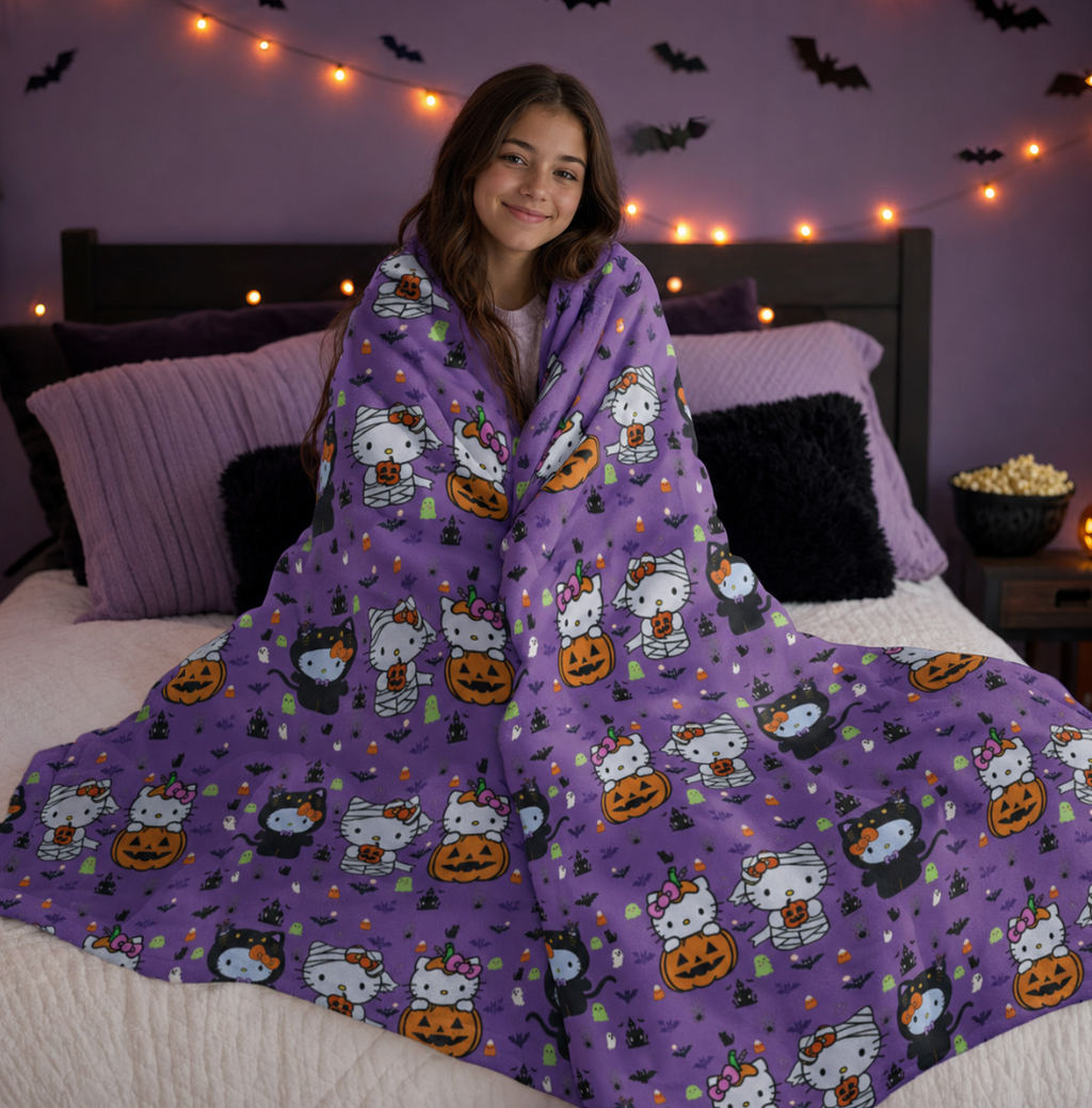 Cute Halloween Cat & Pumpkin Microfiber Blanket – Purple Two-Sided Throw