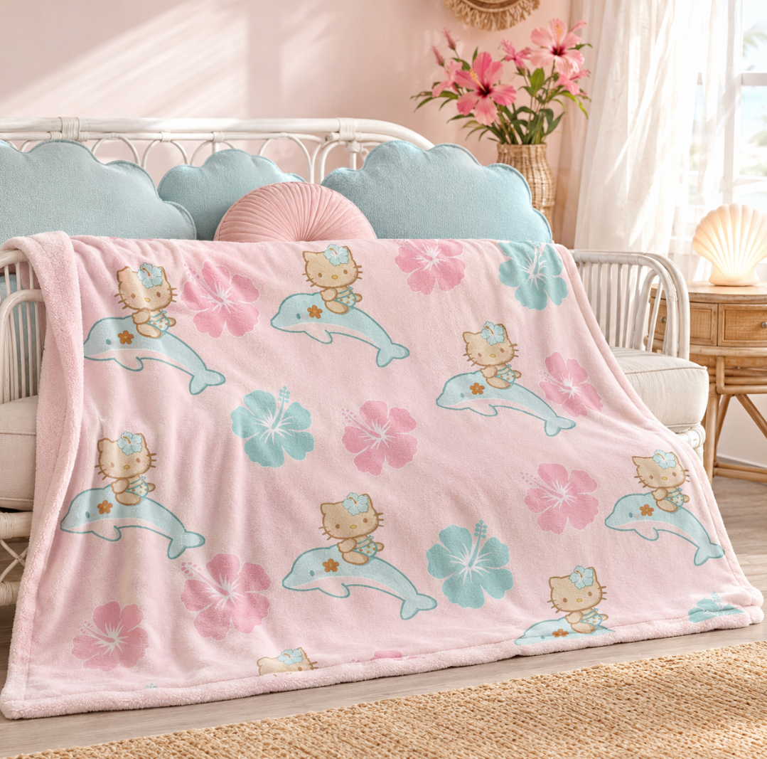 Cute Dolphin Kitty Blanket — Tropical Hibiscus Velveteen Throw