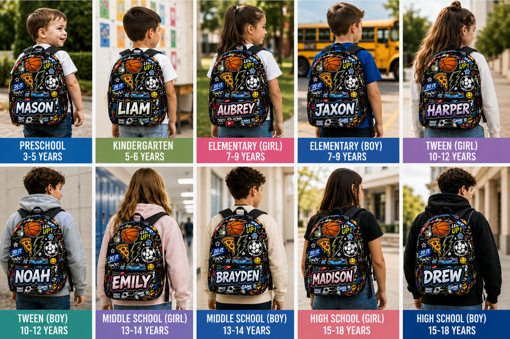Personalized Kids Sticker Print Backpack — Custom Name Sports & Gaming Design