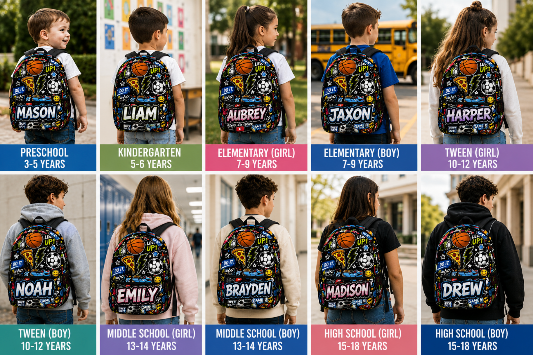 Personalized Kids Sticker Print Backpack — Custom Name Sports & Gaming Design