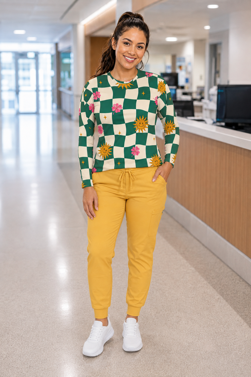 Sunshine Checkerboard Long Sleeve Shirt — Floral Smiley Sun All-Over Print