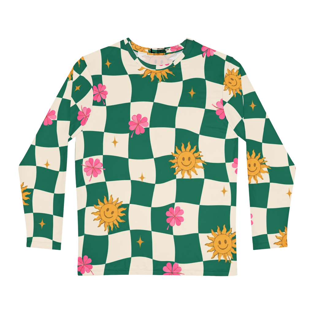 Sunshine Checkerboard Long Sleeve Shirt — Floral Smiley Sun All-Over Print