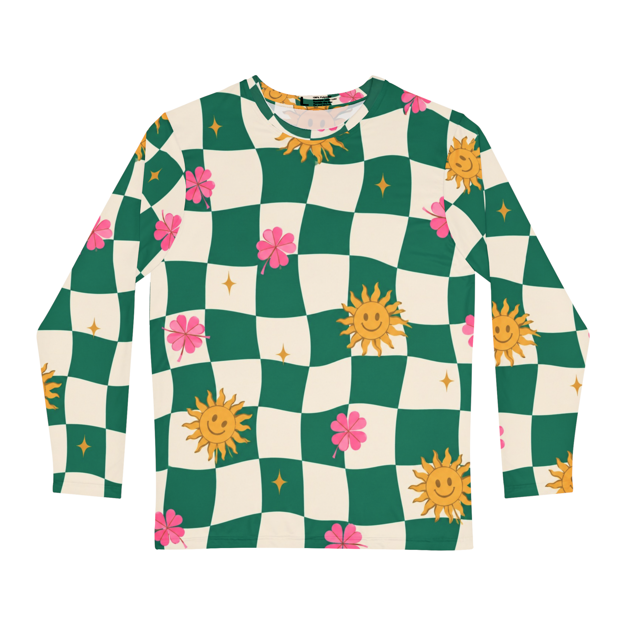 Sunshine Checkerboard Long Sleeve Shirt — Floral Smiley Sun All-Over Print