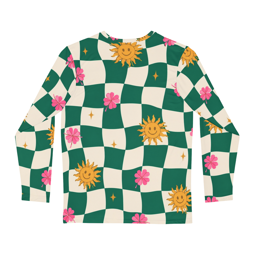 Sunshine Checkerboard Long Sleeve Shirt — Floral Smiley Sun All-Over Print