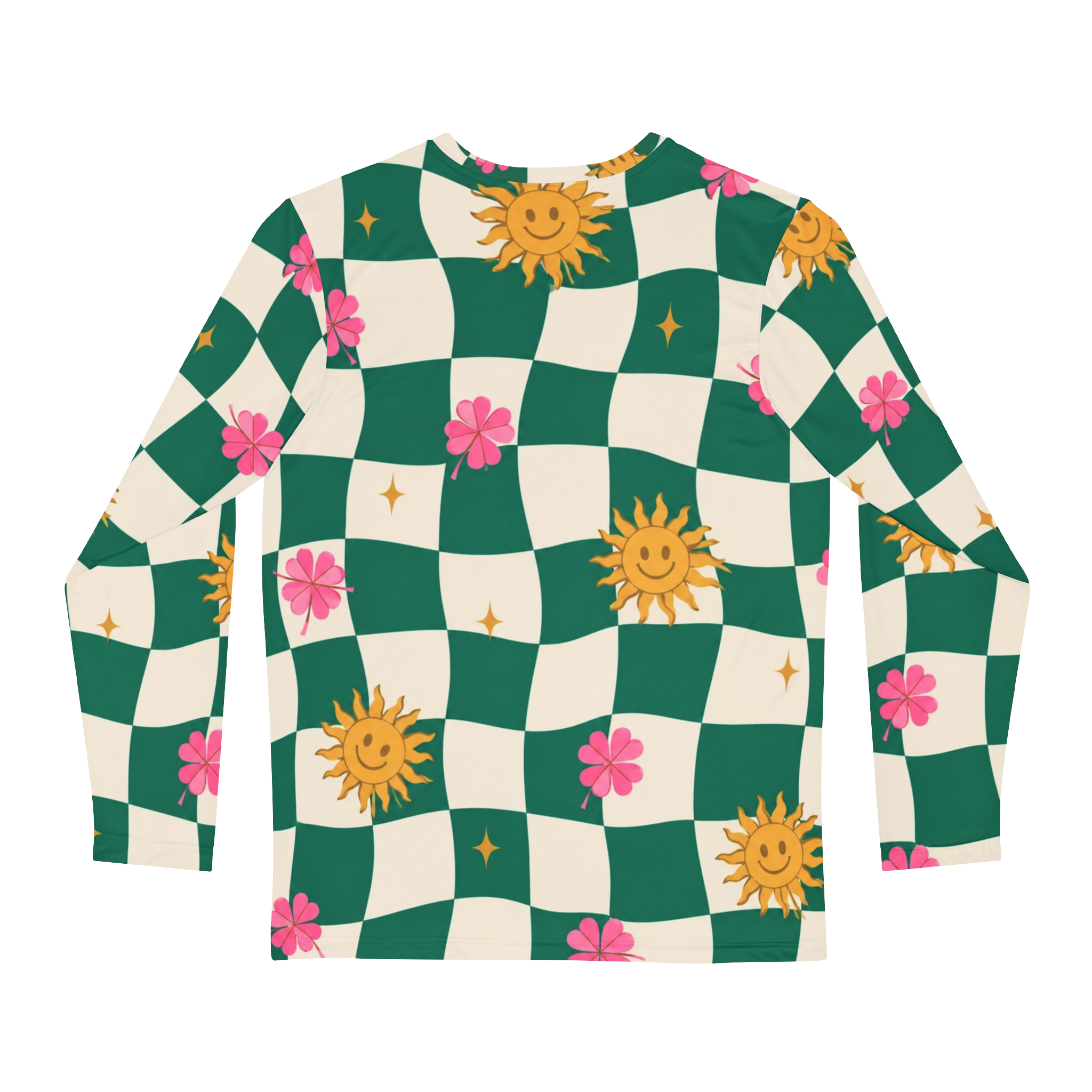 Sunshine Checkerboard Long Sleeve Shirt — Floral Smiley Sun All-Over Print