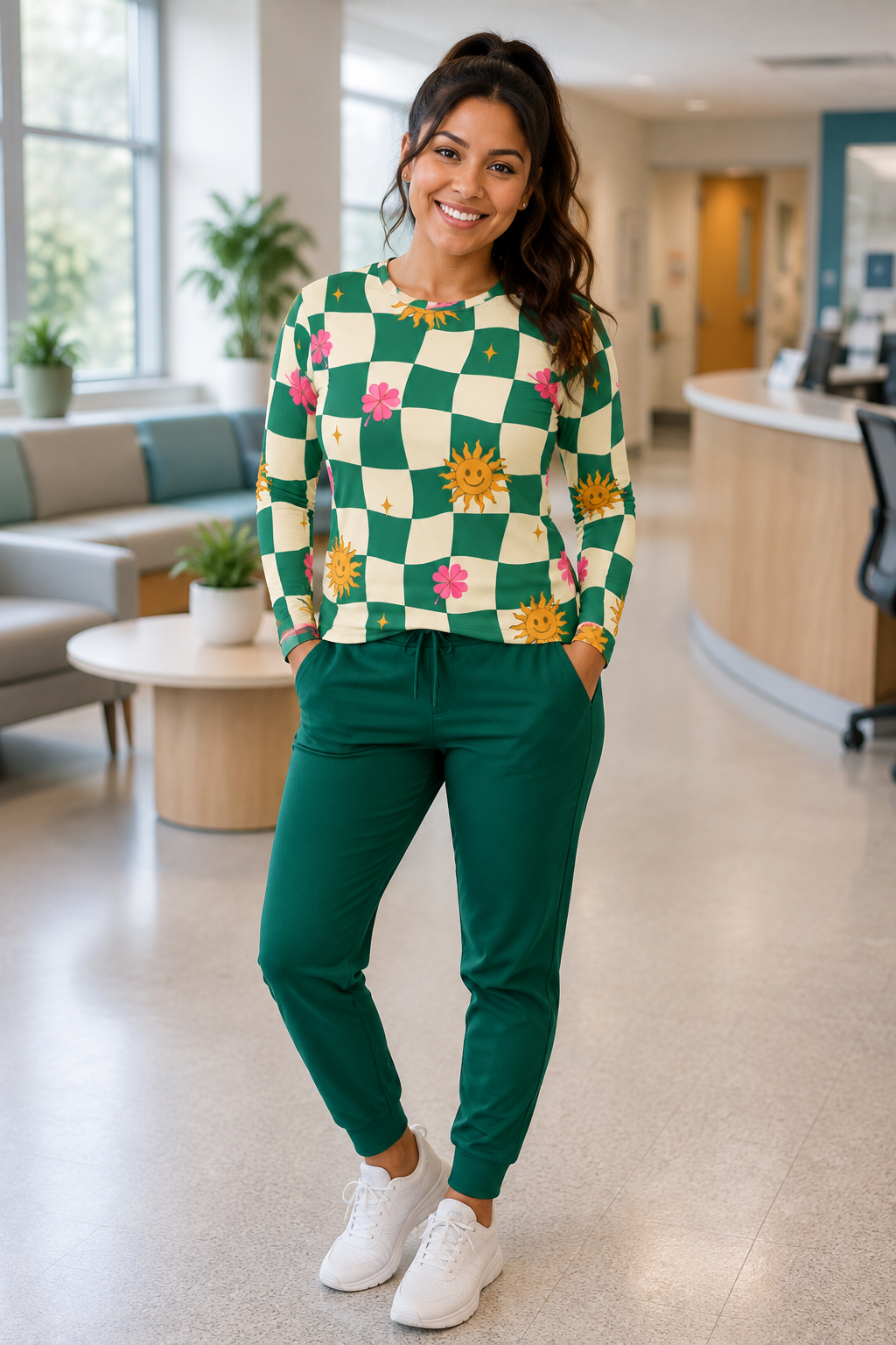 Sunshine Checkerboard Long Sleeve Shirt — Floral Smiley Sun All-Over Print