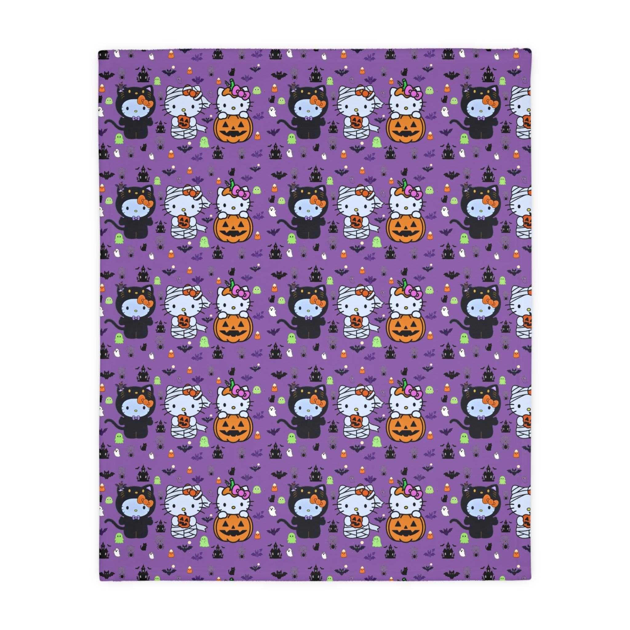 Cute Halloween Cat & Pumpkin Microfiber Blanket – Purple Two-Sided Throw