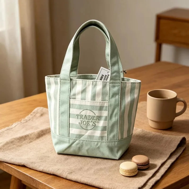 NEW Pastel Striped Trader Joe’s  Mini Canvas Tote Bag, Summer Macaron Color Reusable Small Grocery Storage Handbag
