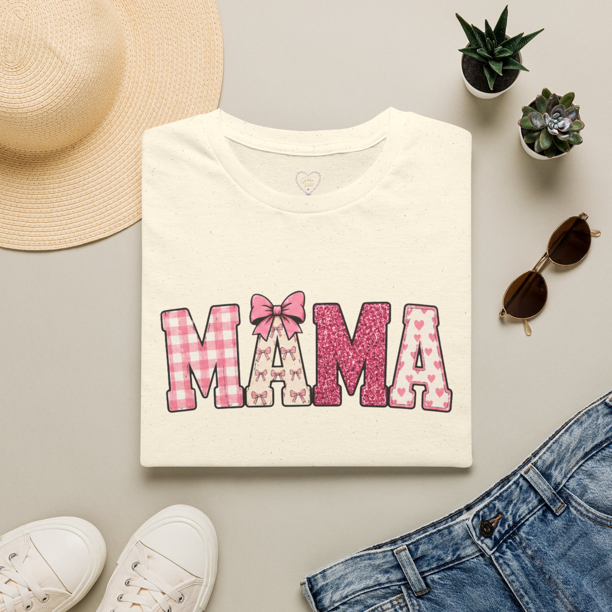 Mama Graphic T-Shirt — Pink Plaid & Floral Patchwork Design