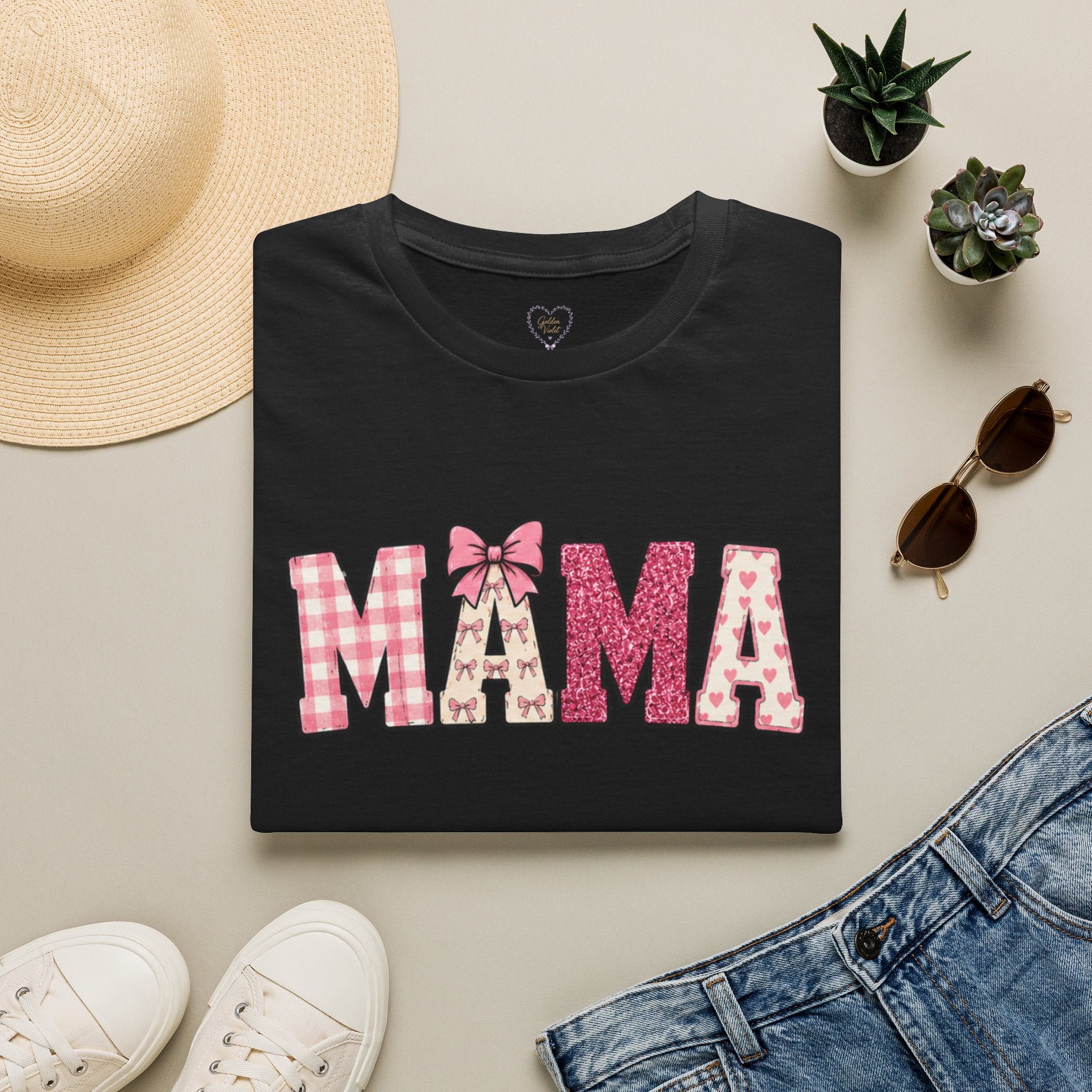 Mama Graphic T-Shirt — Pink Plaid & Floral Patchwork Design