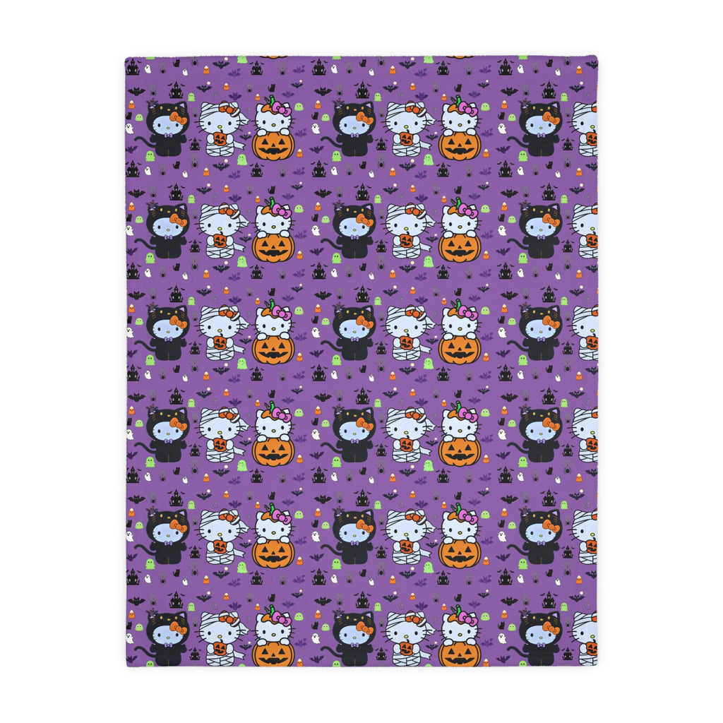 Cute Halloween Cat & Pumpkin Microfiber Blanket – Purple Two-Sided Throw