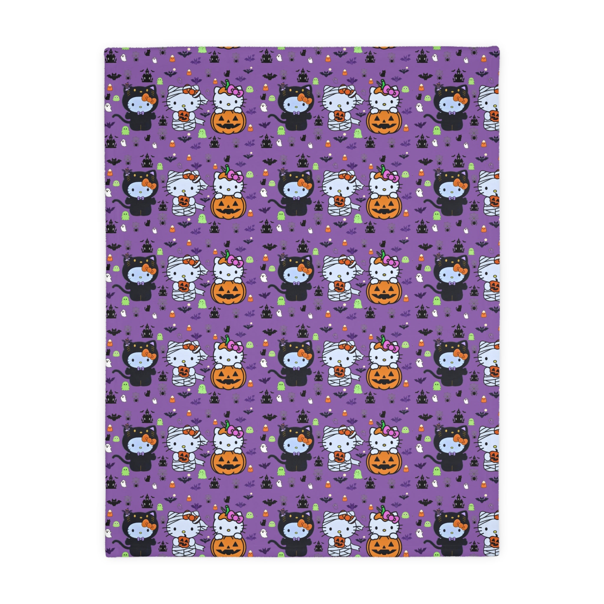 Cute Halloween Cat & Pumpkin Microfiber Blanket – Purple Two-Sided Throw