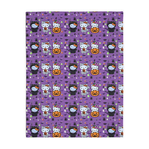 Cute Halloween Cat & Pumpkin Microfiber Blanket – Purple Two-Sided Throw