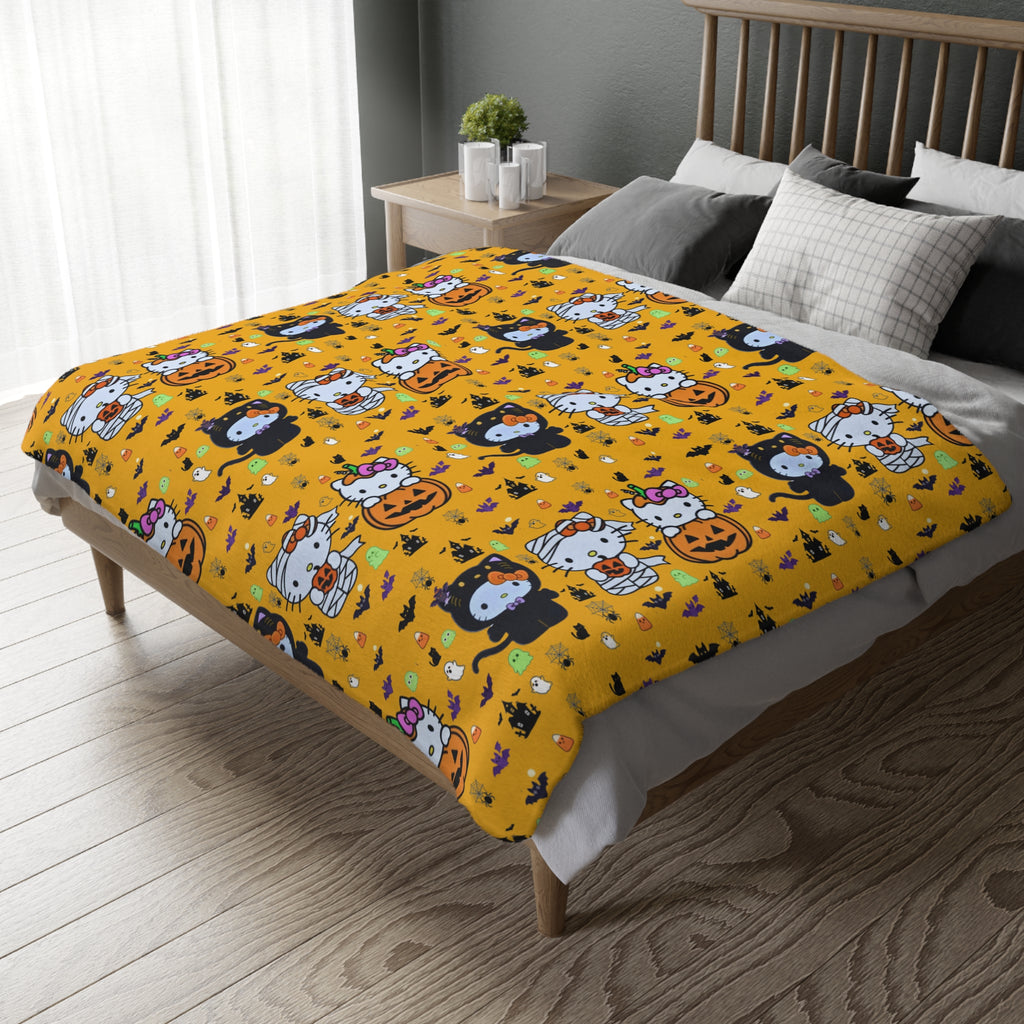 Halloween Cat & Pumpkin Velveteen Microfiber Blanket — Cute Kawaii Fall Throw