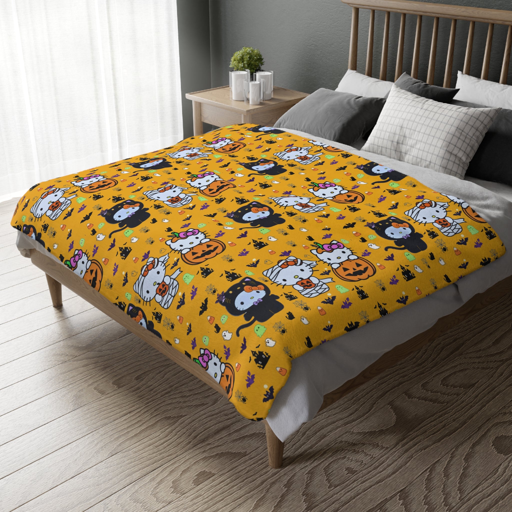 Halloween Cat & Pumpkin Velveteen Microfiber Blanket — Cute Kawaii Fall Throw
