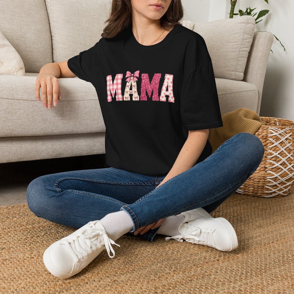 Mama Graphic T-Shirt — Pink Plaid & Floral Patchwork Design