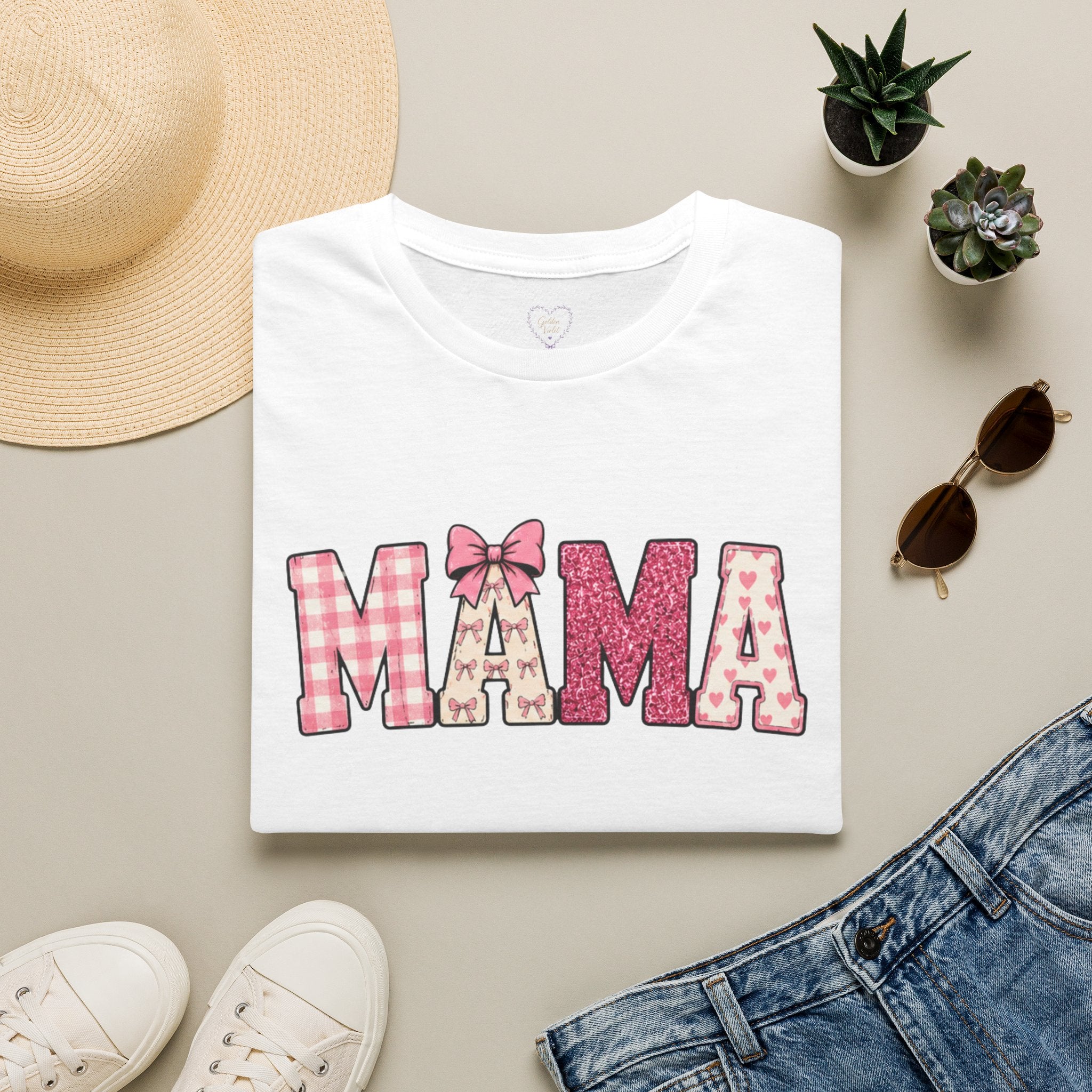 Mama Graphic T-Shirt — Pink Plaid & Floral Patchwork Design