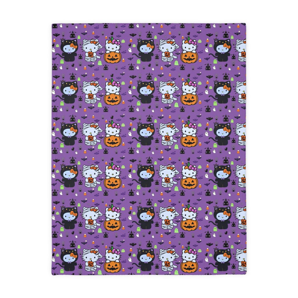 Cute Halloween Cat & Pumpkin Microfiber Blanket – Purple Two-Sided Throw