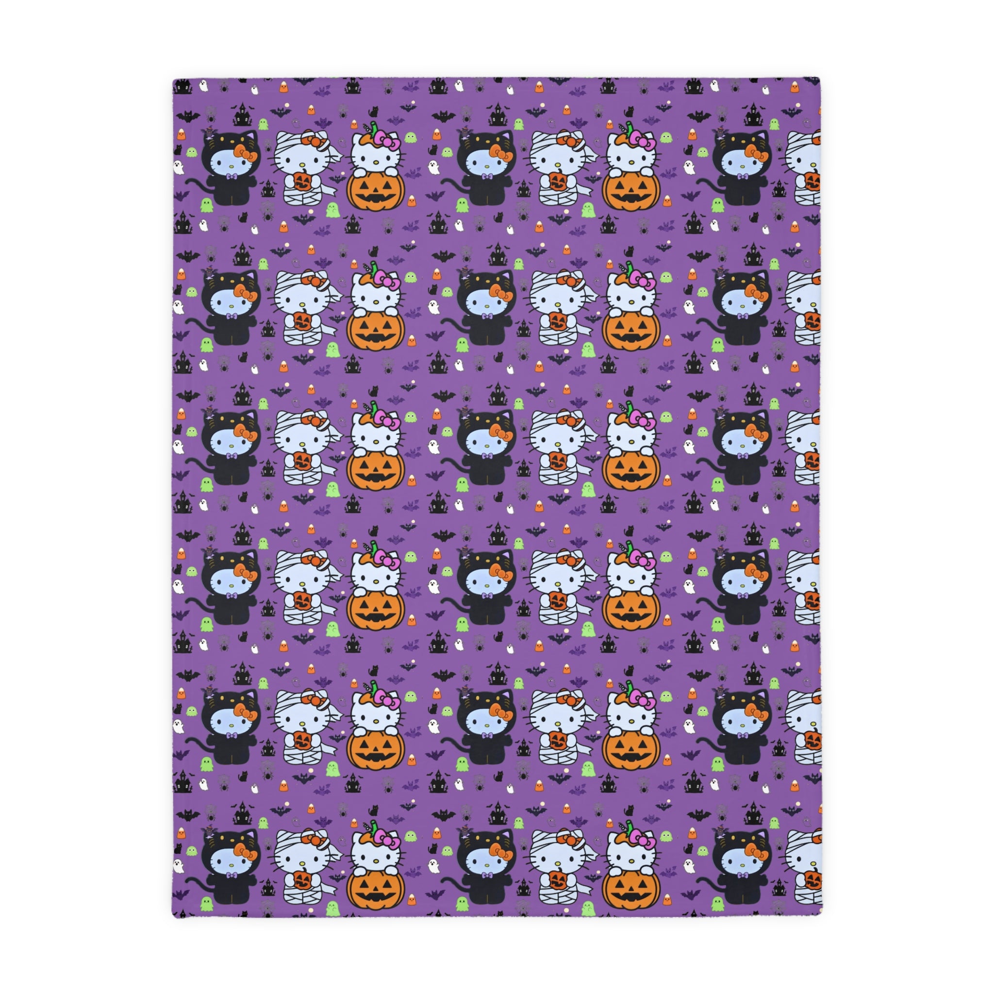 Cute Halloween Cat & Pumpkin Microfiber Blanket – Purple Two-Sided Throw