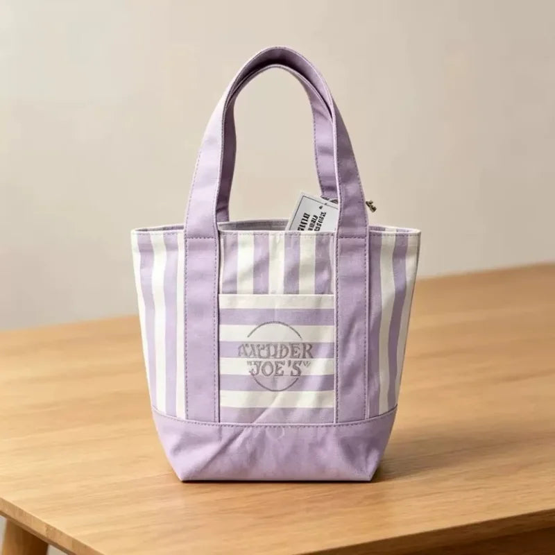 NEW Pastel Striped Trader Joe’s  Mini Canvas Tote Bag, Summer Macaron Color Reusable Small Grocery Storage Handbag