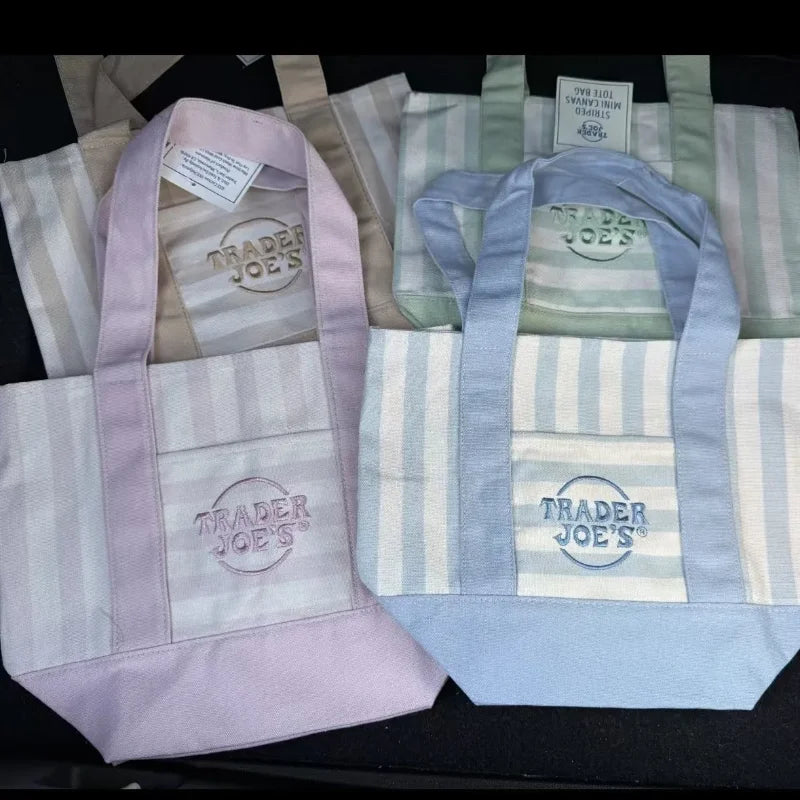 NEW Pastel Striped Trader Joe’s  Mini Canvas Tote Bag, Summer Macaron Color Reusable Small Grocery Storage Handbag