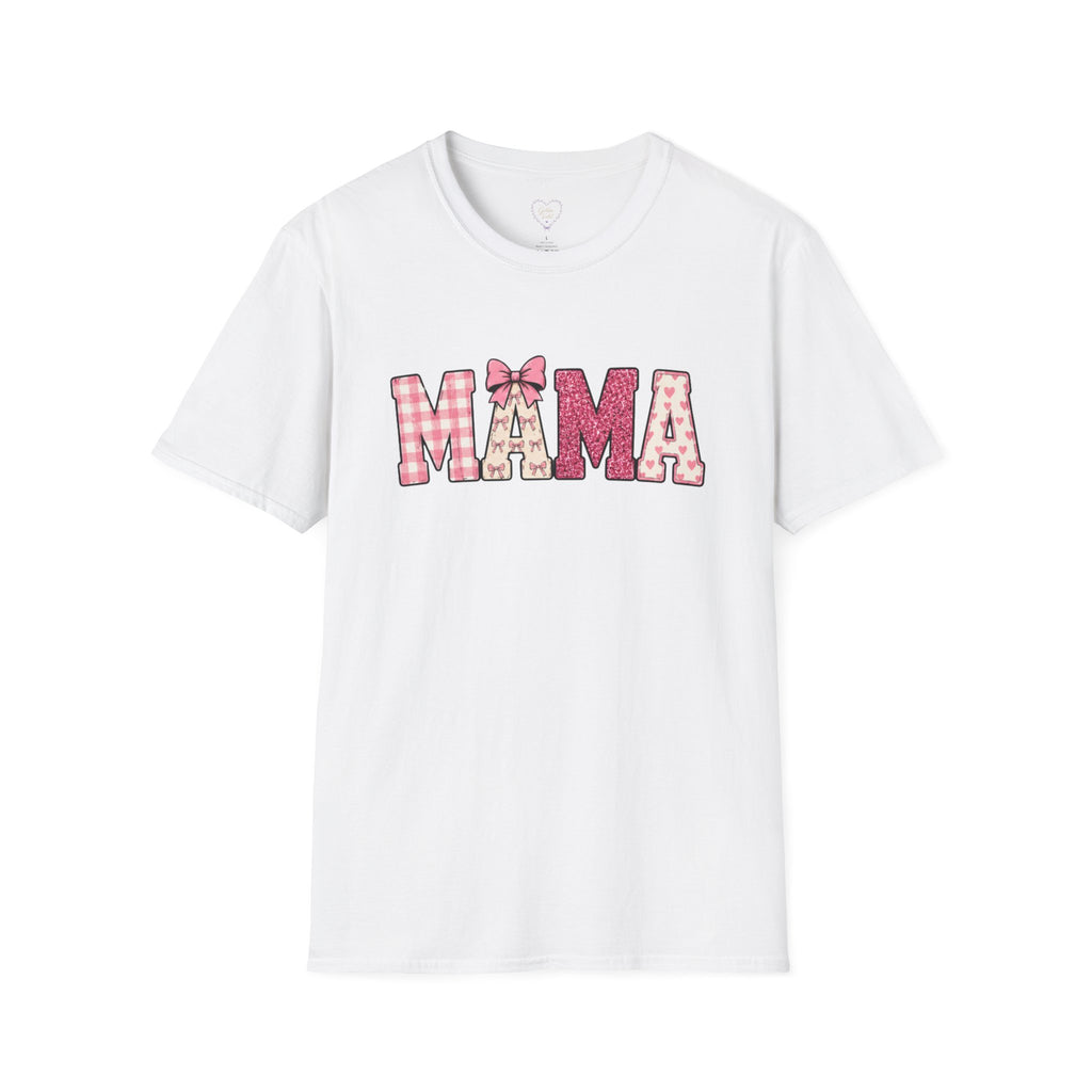 Mama Graphic T-Shirt — Pink Plaid & Floral Patchwork Design