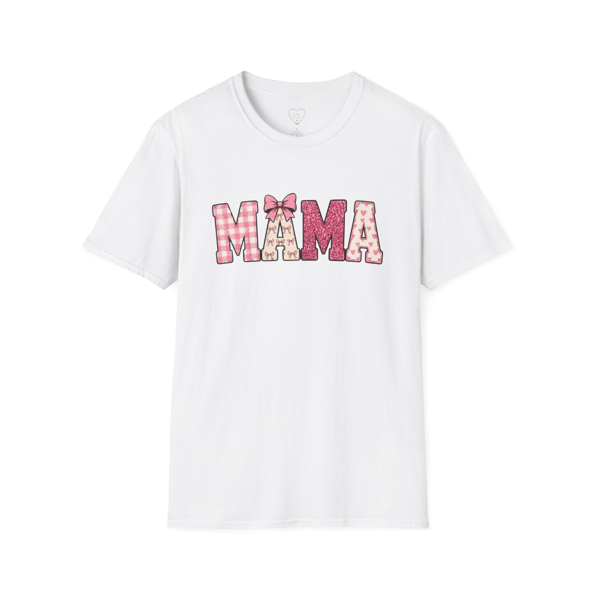 Mama Graphic T-Shirt — Pink Plaid & Floral Patchwork Design