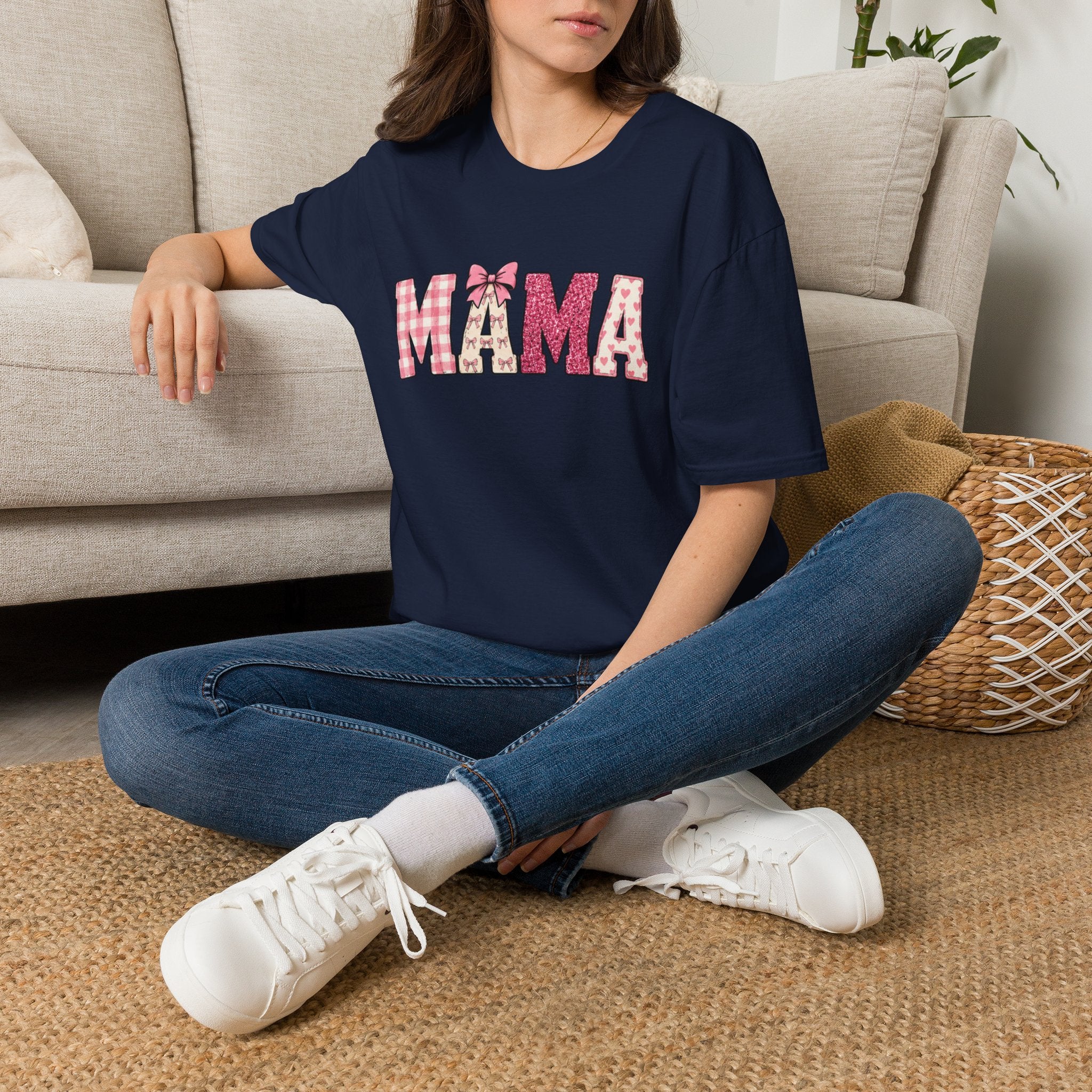 Mama Graphic T-Shirt — Pink Plaid & Floral Patchwork Design