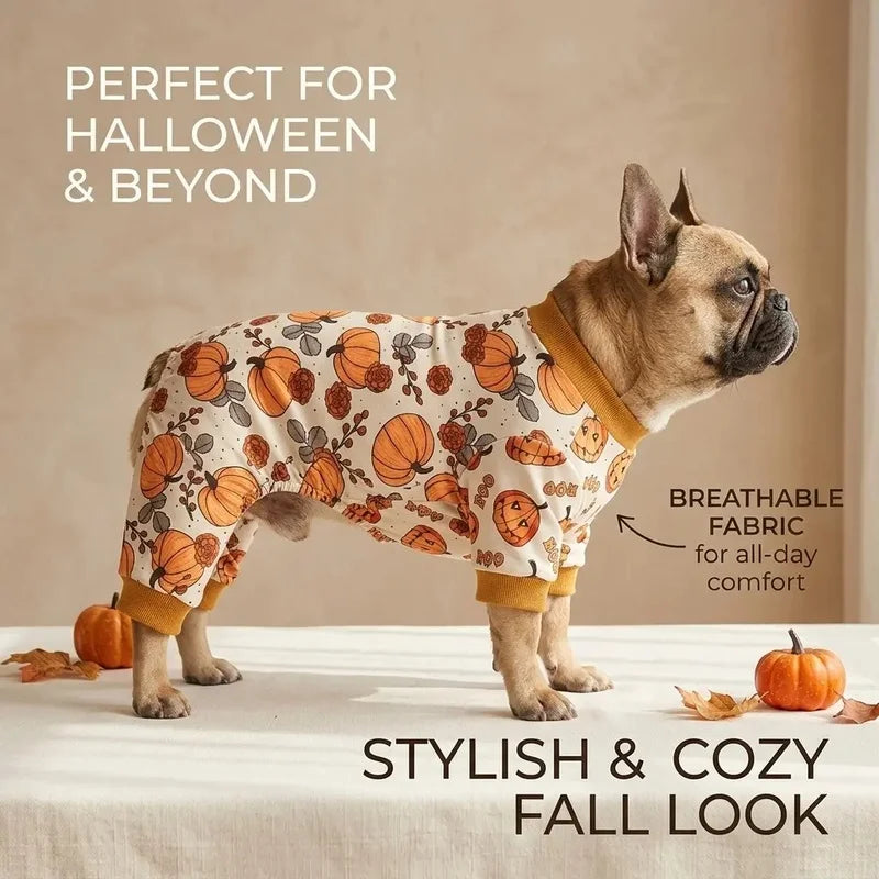 Fall Dog Pajamas Pumpkin Pet Onesie 4-Legged Puppy Jumpsuit Cat Clothes Autumn Thanksgiving Apparel for Small Medium Dogs Cats