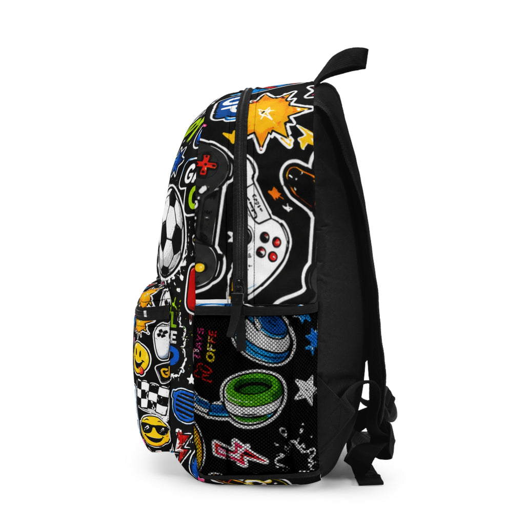 Personalized Kids Sticker Print Backpack — Custom Name Sports & Gaming Design